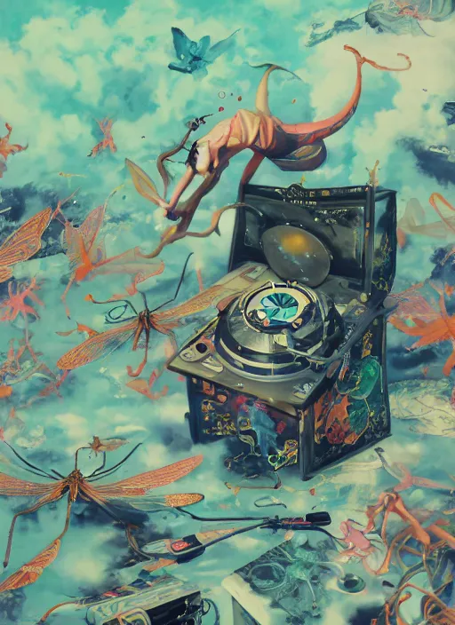 Prompt: surreal gouache painting, by yoshitaka amano, by ruan jia, by Conrad roset, by good smile company, detailed anime 3d render of a Magical flying Vinyl records , DJ Mixer, deck surrounded by Dragonflies, Vinyl records, controller, portrait, cgsociety, artstation, rococo mechanical and Digital and electronic, dieselpunk atmosphere