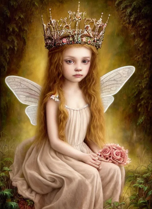 Image similar to highly detailed closeup portrait of a fairy princess wearing a crown and sitting on a throne, nicoletta ceccoli, mark ryden, lostfish, earl nore, global illumination, god rays, detailed and intricate environment