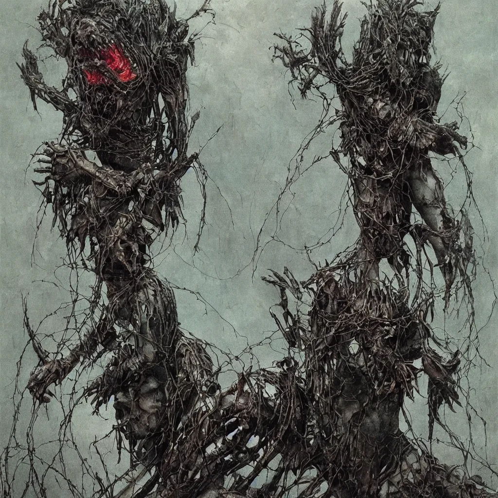 Image similar to A creepy armored horned fanged demon woman with blue scarred skin wrapped in barbed wire. Extremely high detail, realistic, fantasy art, solo, bones, textured, masterpiece, saturated colors, intricate ominous visionary concept art tangled, ripped flesh, art by Zdzisław Beksiński, Arthur Rackham, Dariusz Zawadzki