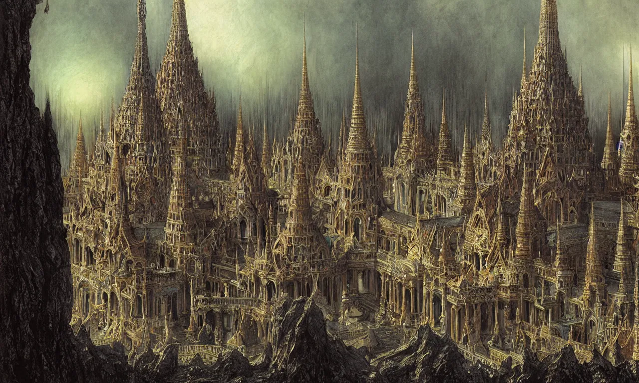 Image similar to A Spectacular View of the Grand Palace of a King of Hell, art by Gustav Dorê and Marc Simonetti and Alan Lee