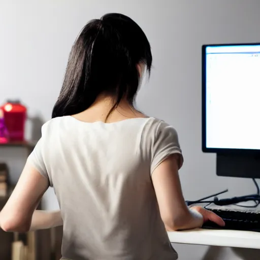 Image similar to angry woman looking at monitor typing on keyboard photo dramatic lighting from behind