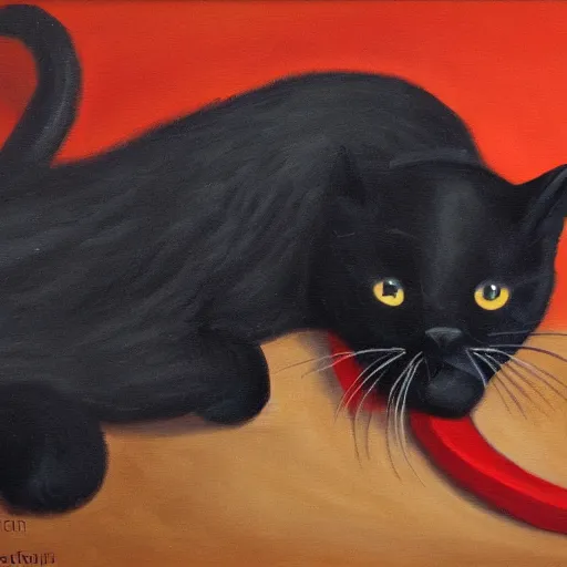 Image similar to Black cat plays with a red cat in a clearing, oil painting