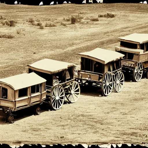 Image similar to a birdseye view sepia photograph of a delorean turned into a covered wagon, traveling in a line with covered wagons and cattle