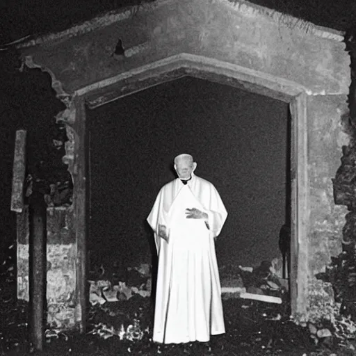 Image similar to award - winning photograph of john paul ii standing in the entrance to a small burning church building, at night, pitch black, christian cross