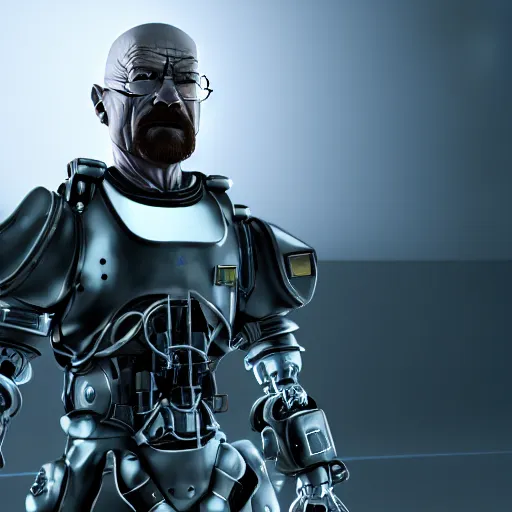 Image similar to Walter White in cybernetic battle armour, 4k octane render, highly detailed