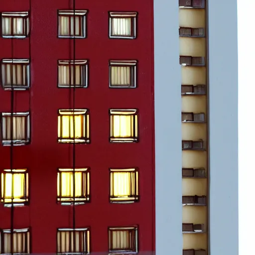 Image similar to figurine of small soviet apartment building, light is on windows