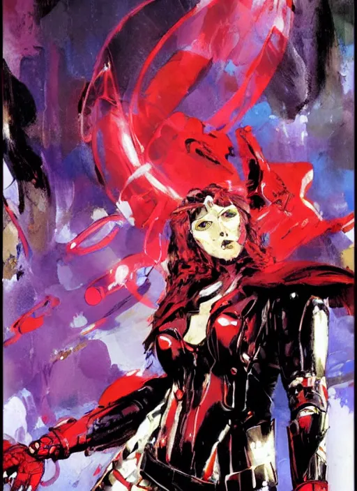 Prompt: marvel scarlet witch, wearing futuristic cybernetic battle armor, by ashley wood, yoji shinkawa, jamie hewlett, 6 0's french movie poster, french impressionism, vivid colors, palette knife and brush strokes, dutch angle