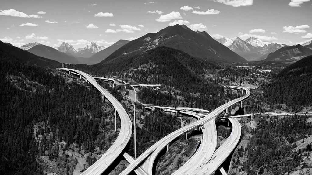 Prompt: landscape photo of mountains with highways and bridges by Ansel Adams