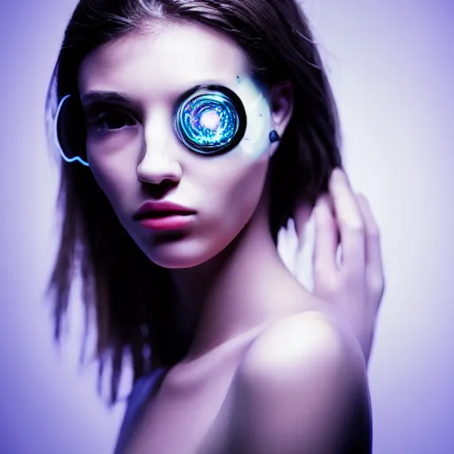 Prompt: photo of beautiful young woman, medium close up, with a cyberpunk camera lens placed over right eye, and robotic implants over face with small led lights, white background, fine art photography in the style of Bill Henson