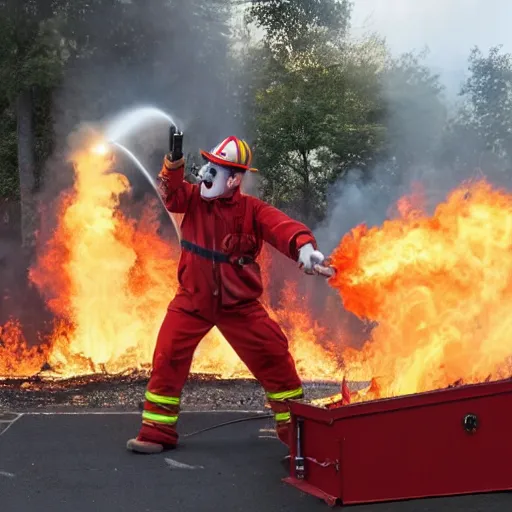 Prompt: a clown wearing firefighter clothes, using a flamethrower projecting a bright flame on a dumpster fire