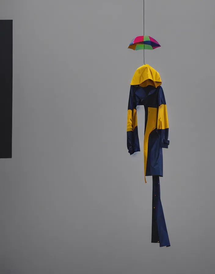 Image similar to close - up portrait of an empty slick fashionable zara raincoat floating suspended mid - air on a rainy display designed by james terrell, wes anderson, okuda, symmetry, rule of thirds