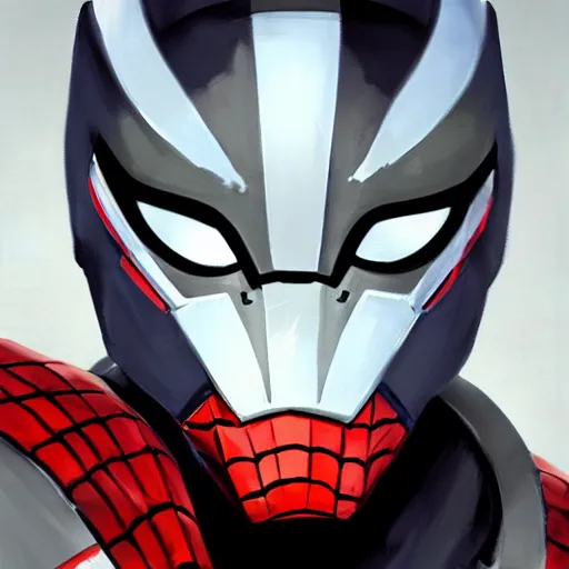 Image similar to greg manchess portrait painting of armored spiderman ultraman grey fox from metal gear cyborg gay japanese - american hybrid as overwatch character, medium shot, asymmetrical, profile picture, organic painting, sunny day, matte painting, bold shapes, hard edges, street art, trending on artstation, by huang guangjian and ail elvgren and sachin teng