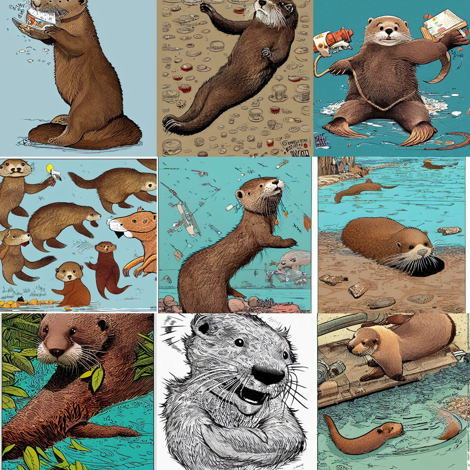 Prompt: cute otter, geof darrow, concept art, digital, highly detailed, eddotorial illustration, matte print