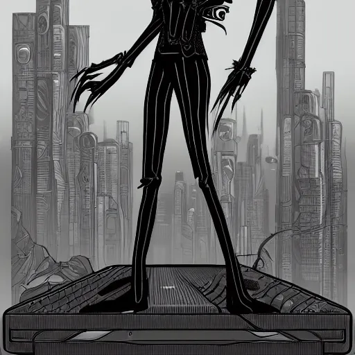 Image similar to cyberpunk jack skellington as the leader of a futuristic communist nation, cybernetics, sharp lines, digital, artstation, colored in