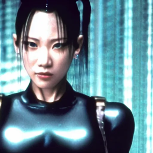 Image similar to photo still of actress miku hatsune as trinity in the matrix ( 1 9 9 9 )