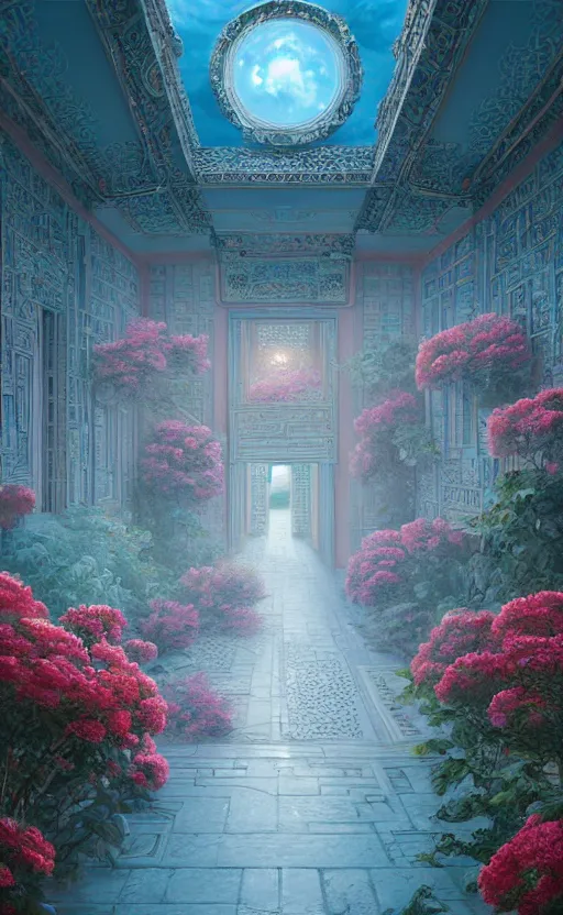 Image similar to vanishing point, palace covered with aqua blue roses like the forbidden city in distance at the red rose royal manor, viewed from afar, stephen bliss, misty, unreal engine, fantasy art by greg rutkowski, loish, ferdinand knab, and lois van rossdraws,, global illumination, radiant light, minimalist, detailed and intricate environment