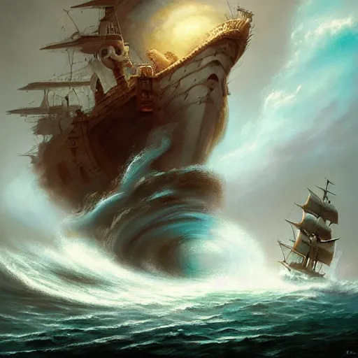 Image similar to An octopus emerging from the stormy ocean depths attacking a 17th century Ship-of-the-line, atmospheric, dramatic, concept art by Peter Mohrbacher