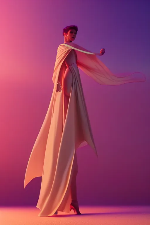 Prompt: beige synthwave gown with cape, magical, octane render, hyper realistic