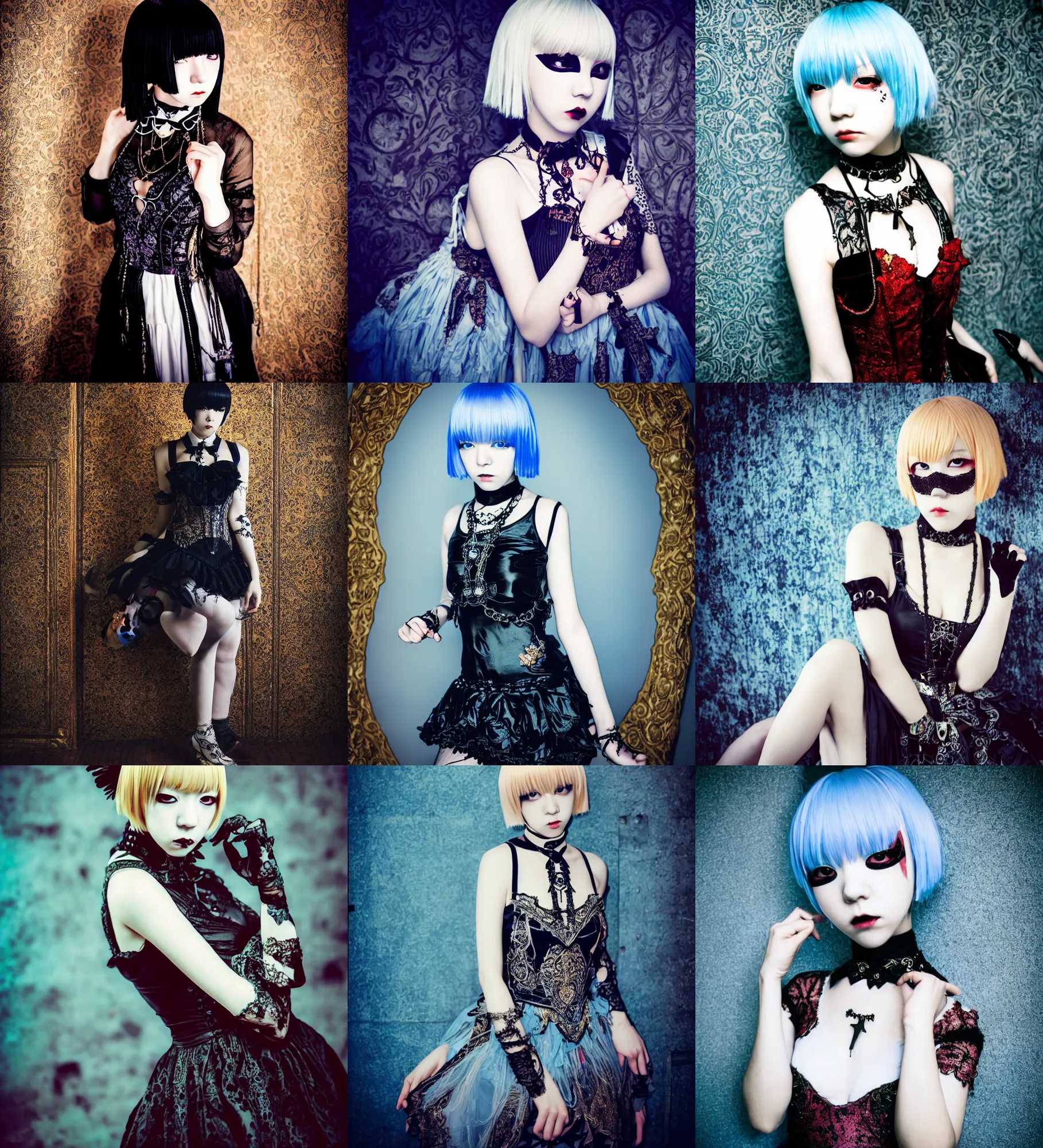Prompt: lomography, full body portrait photo of young women like reol in a vaster ballroom interior dancing at a crowded masquerade party, wearing a ornate gothic dress and choker, moody, realistic, dark, skin tinted a warm tone, light blue filter, hdr, rounded eyes,, detailed facial features