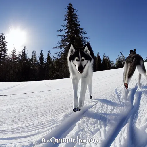 Prompt: a very tall husky skiing