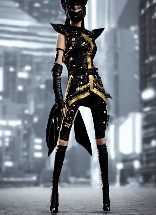 Image similar to haute couture, clothing setting for future female warrior, model standing pose, futurism, vest, leather coat, shorts, boots, electronic cat ears, cyberpunk style, black and gold, render by octane and blender, hyper realistic, hyper detailed