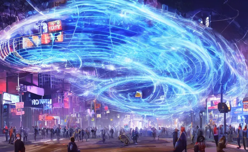Prompt: crowd of crazy people with posters attacking cops in front a huge blue spiral - shaped bright white luminous attractor that is floating and stores in los angeles with light screens all over the street, concept art, art for the game, professional lighting, night lighting from streetlights