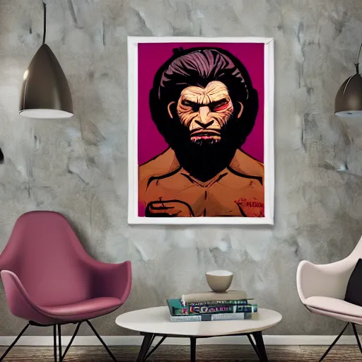 Prompt: saint homo neanderthalis, portrait, propaganda poster, with book of science on his right hand, and riffle, violet polsangi pop art, gta chinatown wars art style, bioshock infinite art style, hyperrealistic, two colors, white frame border, 4 k, uhd, remove duplicate content, align left content.