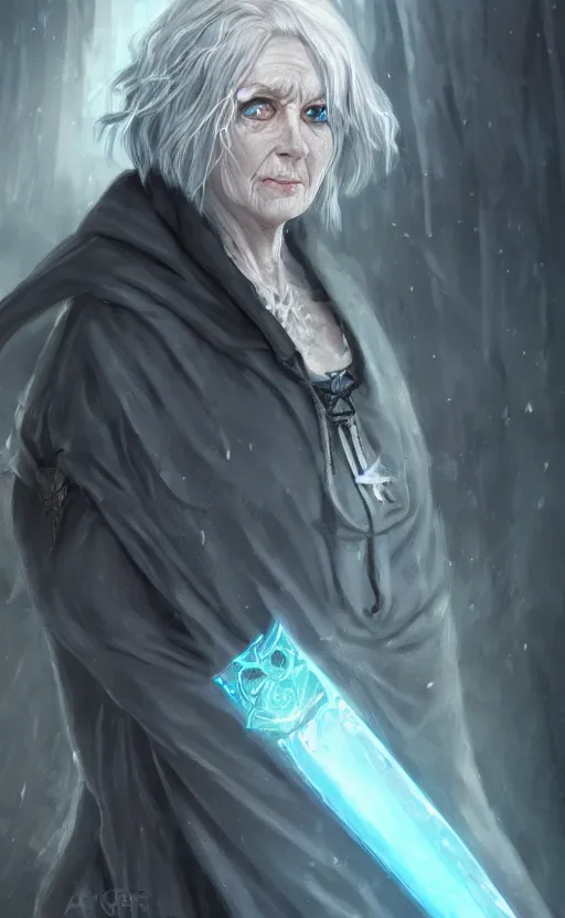 Image similar to an older woman with silver hair and piercing blue eyes. she's wearing a dark, hooded cloak and looks like she knows her way around a sword, dynamic lighting, photorealistic fantasy concept art, trending on art station, stunning visuals, creative, cinematic, ultra detailed