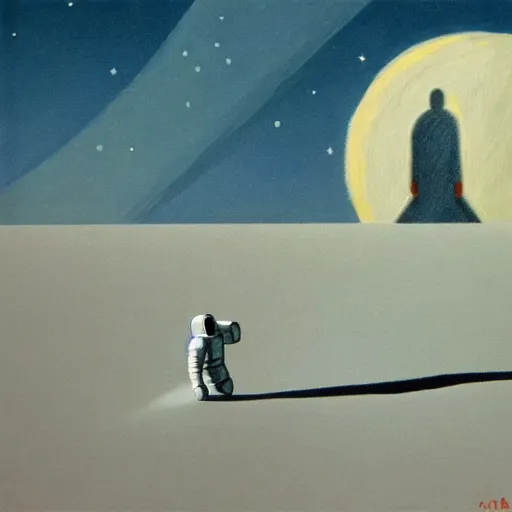 Image similar to lonely astronaut on the moon, in the style of edward hopper, in the style of bonestell, chesley