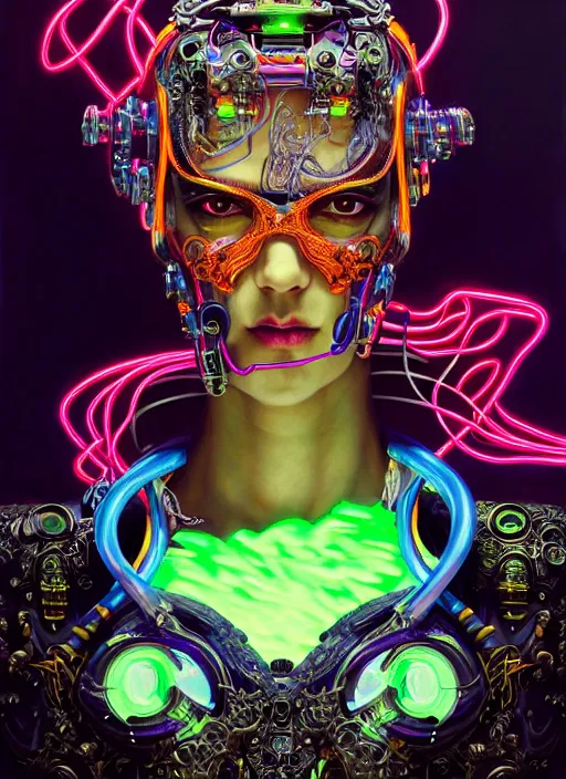 Image similar to neon cyborg, Neo Rococo Expressionist, Maximalism, orientalism, diffuse lighting, fantasy, intricate, elegant, highly detailed, lifelike, photorealistic, digital painting, artstation, illustration, concept art, smooth, sharp focus, art by John Collier and Albert Aublet and Krenz Cushart and Artem Demura and Alphonse Mucha