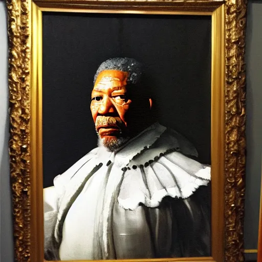 Image similar to baroque period portrait painting of morgan freeman, strong composition, dynamic lighting, by diego velazquez