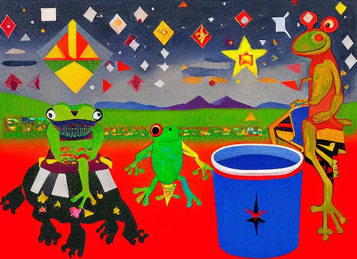 Image similar to pixel decollage painting tarot fool card composition trash can toter with red maggot bear and wonky alien frog knight on a horse in a dark red cloudy night sky with golden foil jewish stars and diamonds, mountain lake and blossoming field in background, painted by Mark Rothko, Helen Frankenthaler, Danny Fox and Hilma af Klint, pixelated, neo expressionism, semi naive, pastel colors, cinematic, color field painting, cave painting, voxel, pop art look, outsider art, minimalistic. Bill Traylor painting, part by Philip Guston and Francis Bacon. art by Adrian Ghenie, very coherent symmetrical artwork, cinematic, hyper realism, high detail, octane render, unreal engine, Smooth gradients, depth of field, full body character drawing, extremely detailed, 8k, extreme detail, intricate detail, masterpiece