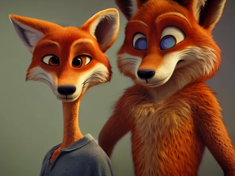 Image similar to a film still from zootopia main character portrait anthro anthropomorphic fox head animal person fursona nick wilde pixar and disney animation, sharp, rendered in unreal engine 5, anime key art by greg rutkowski, bloom, dramatic lighting chaotic cursed multiple pupils texture disaster bad modeling beginner render