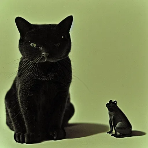 Prompt: a cat next to a small frog, photograph, 1970