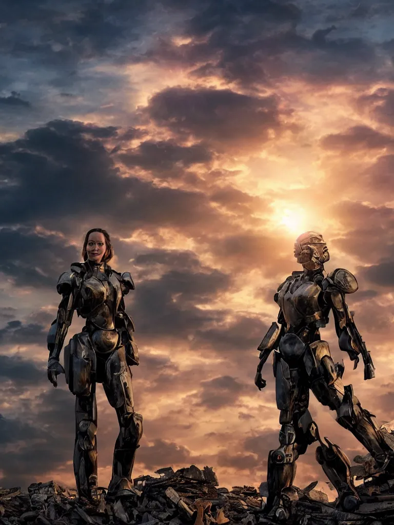 Prompt: emily blunt in futuristic power armor, solitary figure standing atop a pile of rubble, sunset and big clouds behind her