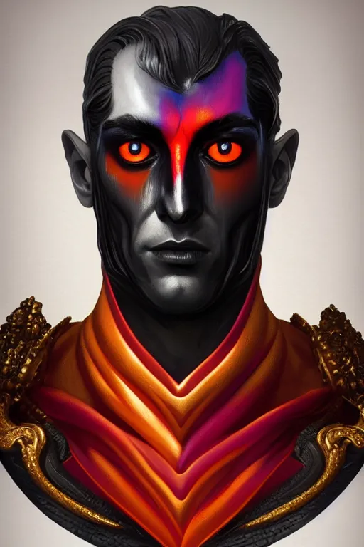 Prompt: bust of a man vampire , strong boy, gradient black red, dreamy and ethereal, orange eyes, golden ratio, vicious expression, ornate frilly suit, fantasy, intricate, elegant, rainbow bubbles, highly detailed, digital painting, artstation, concept art, smooth,b sharp focus, illustration, art by artgerm and greg rutkowski and alphonse mucha