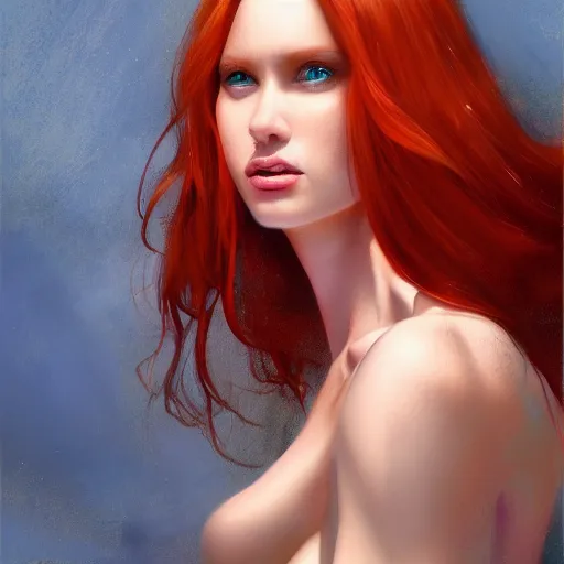 Image similar to A Beautiful woman with red hair and blue eyes in the best modeling position, detailed, centered, digital painting, artstation, concept art, donato giancola, Joseph Christian Leyendecker, WLOP, Boris Vallejo, Breathtaking, 8k resolution, extremely detailed, beautiful, establishing shot, artistic, hyperrealistic, beautiful face, octane render, cinematic lighting, dramatic lighting, masterpiece