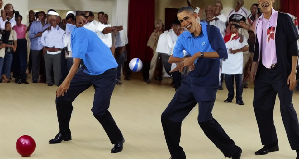 Prompt: Barack Obama bowling with will Smith