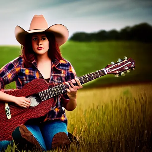 Image similar to a female fluffy fox animal, wearing cowboy hat, wearing plaid shirt, playing guitar, in a field, barn in background, album cover style