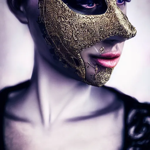 Prompt: a close up of a person wearing a mask, a photorealistic painting by csaba markus, shutterstock contest winner, art photography, behance hd, daz 3 d, androgynous
