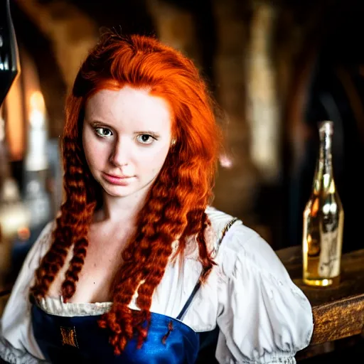 Image similar to beautiful bar maid with auburn hair, in a medieval tavern, dramatic, cinematic, filmic, 7 5 mm, f / 1. 8