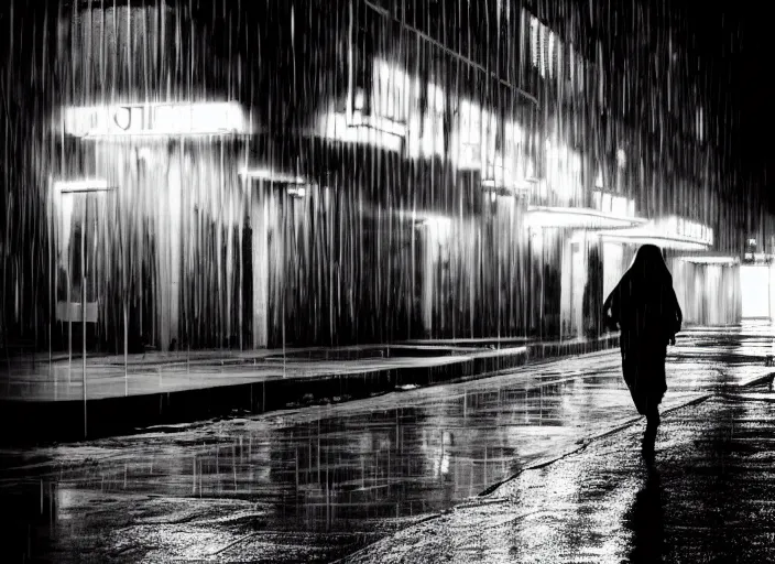 Image similar to a silhouetted person with long, flowing hair runs through an empty neon - lit brutalist city in the rain, colored gel lighting, reflective surfaces, midnight, portra, film grain, high contrast, hyperdetailed, chromatic aberration, reminiscent of the umbrellas of cherbourg, dynamic pose