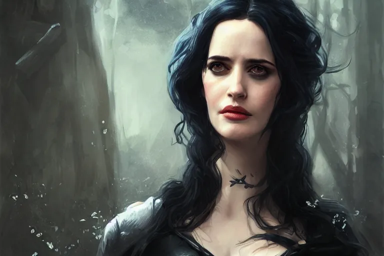 Image similar to A portrait of Eva Green as Yennefer from the Witcher 3 Game by Ruan Jia and Mandy Jurgens and Artgerm and william-adolphe bouguerea, highly detailed, trending on artstation, award winning, H 768