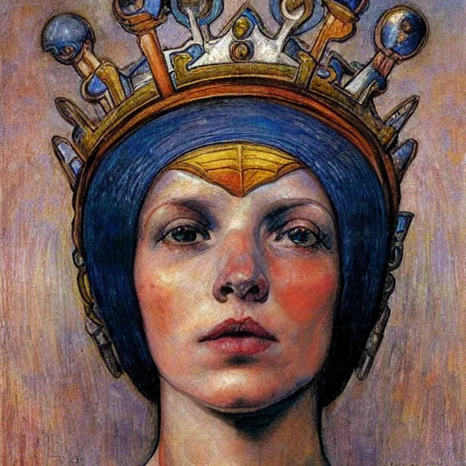 Prompt: the android in her iron crown, by Annie Swynnerton and Diego Rivera, symbolist, dramatic lighting, elaborate geometric ornament, Art Brut ,god rays, soft cool colors,smooth, sharp focus, extremely detailed, Adolf Wölfli