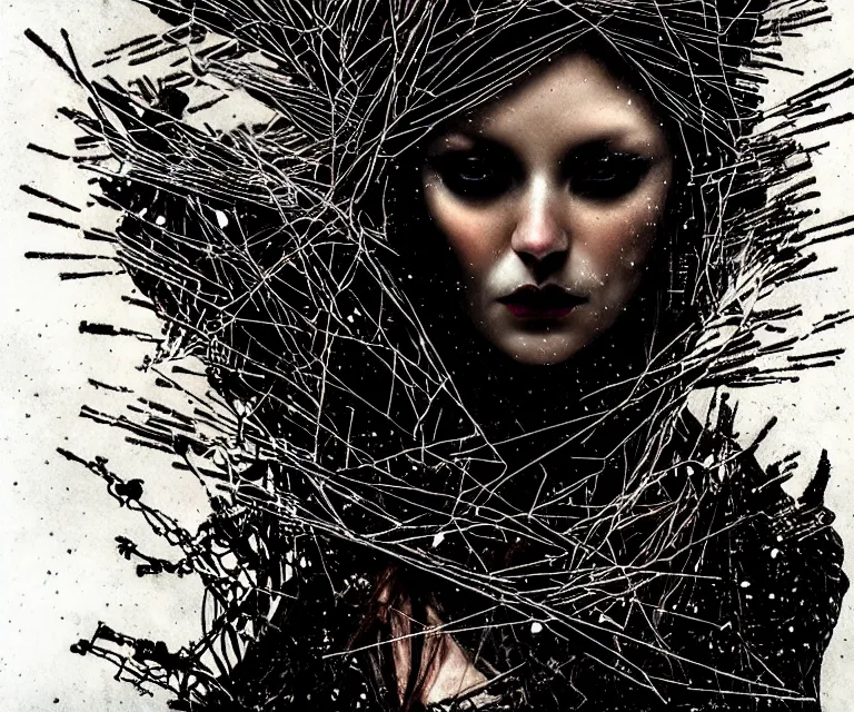 Image similar to aerial photo stunning otherworldly gothic goddess of ice fire, dark and mysterious, atmospheric, ominous, eerie, cinematic, epic, 8 k, 4 k, ultra detail, ultra realistic, rendered by awesomeness. nights falling wind is blowwing snow is pilling concept art in style of carne griffiths artwork by xsullo el anatsui