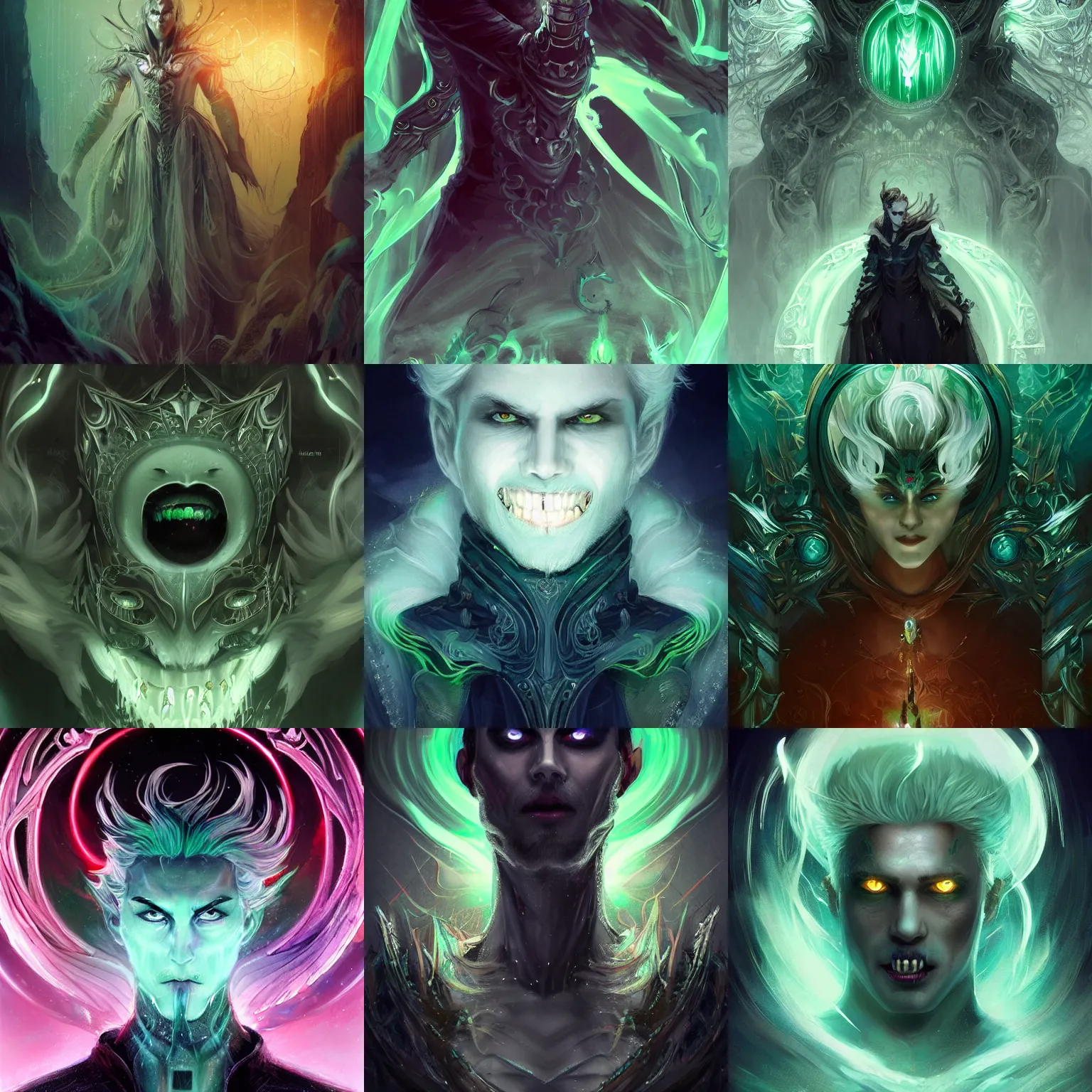 Prompt: A digital matte intricate illustration concept art of Handsome Ghost King Daniel Phantom with snow white hair and glowing green eyes, pointy sharp teeth fangs alt art fashion inspired art by Charlie Bowater and WLOP and Mark Arian and Ross Tran + neon colors, symmetry , intricate complexity, epic composition, magical atmosphere, highly detailed, cinematic lighting + masterpiece, trending on artstation + 8k