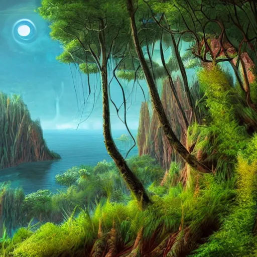 Prompt: beautiful digital artwork of a lush natural scene on an alien planet by lurid ( 2 0 2 2 ). artistic science fiction. extremely detailed. beautiful landscape. weird vegetation. cliffs and water.