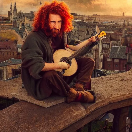 Image similar to a rugged man with curly red hair wearing a green cloak playing a guitar sitting on a roof top, medieval setting, entire city visible, zoomed out, atmospheric lighting, painted, intricate, volumetric lighting, beautiful, rich deep colours masterpiece, golden hour, digital art