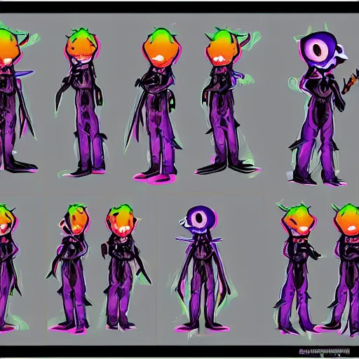 Prompt: character design sheets for a new sinister vampire squid character, artwork in the style of splatoon from nintendo, art by tim schafer from double fine studios, black light, neon, spray paint, punk outfit, tall thin toothpick like frame, adult character, fully clothed, color explosion, spray paint, colorful, gothic rainbow, sparkles and glitter, pop art