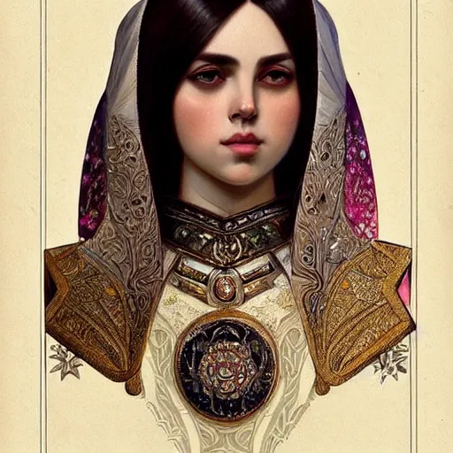 Prompt: bilie eilish portrait of ottoman sultan gog, female, clear face, symetrical, masculine, full body, 4 k, fantasy, intricate, elegant, highly detailed, digital painting, artstation, concept art, matte, sharp focus, illustration, art by artgerm and greg rutkowski and alphonse mucha